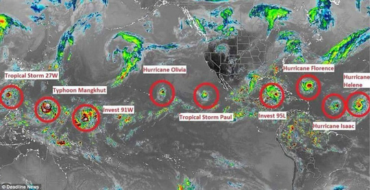 9 cơn bão đang di chuyển đến nhiều khu vực khác nhau trên thế giới. Ảnh: Deadline News