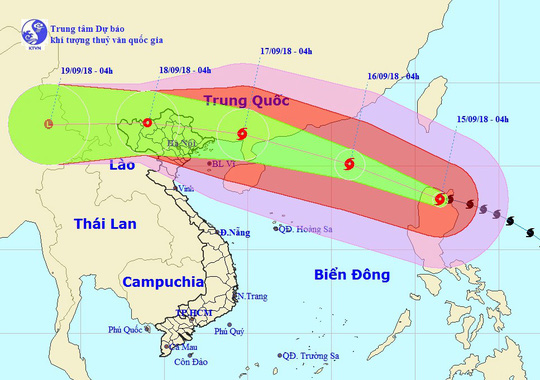 Dự báo vị trí và hướng di chuyển của siêu bão Mangkhut - Nguồn: Trung tâm dự báo khí tượng thủy văn quốc gia