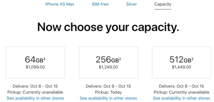 Sự chênh lệch giá bán không gian bộ nhớ trong iPhone Xs Max là rất lớn.