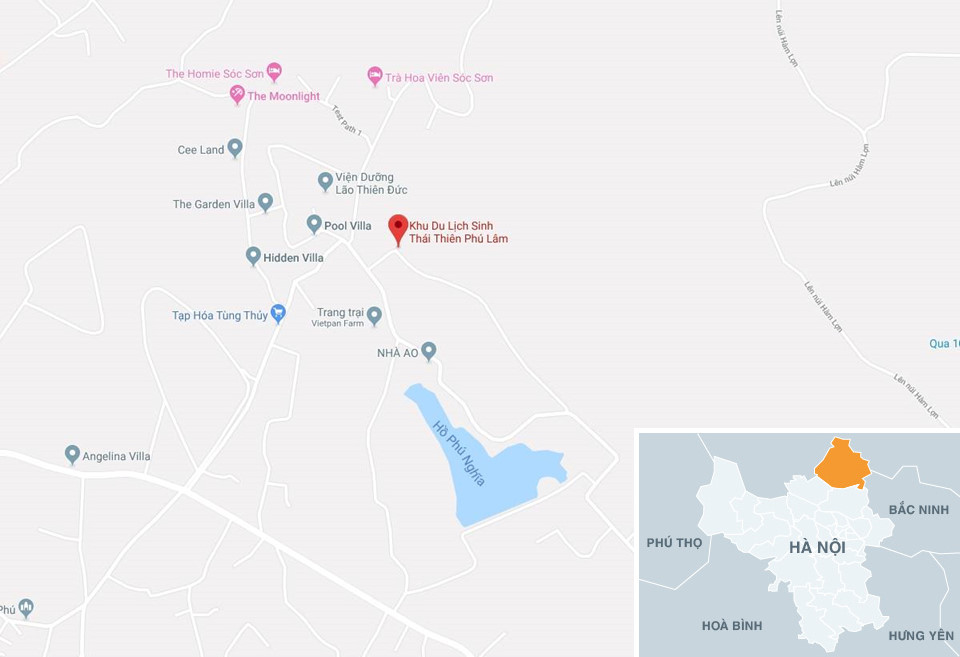 Khu du lịch sinh thái Thiên Phú Lâm (dấu đỏ)  xây dựng trên diện tích đất rừng phòng hộ được ông Cam bắt đầu từ năm 2017. Ảnh: Google maps.