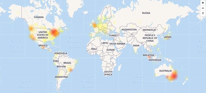  Bản đồ mất kết nối YouTube trên toàn cầu sáng 17.10 giờ Việt Nam (chấm đỏ hoặc vàng là những khu vực mất kết nối số lượng lớn). Nguồn: Down Detector.  