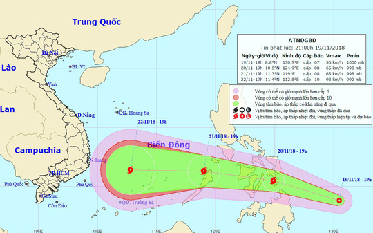 Dự báo vị trí và hướng di chuyển của áp thấp nhiệt đới - Nguồn: Trung tâm dự báo khí tượng thủy văn quốc gia    