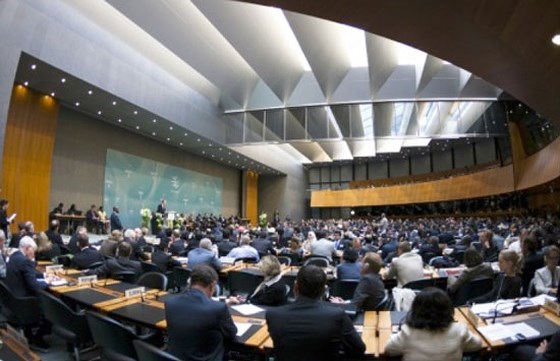 Một cuộc họp của các thành viên WTO tại trụ sở của tổ chức này ở Geneva, Thụy Sĩ.  