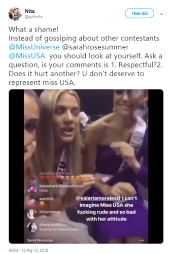 Một tài khoản Twitter khác lấy làm xấu hổ và trực tiếp nhắn nhủ Sarah Summers rằng, thay vì buôn chuyện về những thí sinh khác thì nên tự nhìn lại bản thân mình, cho rằng cô không xứng đáng đại diện cho nước Mỹ.