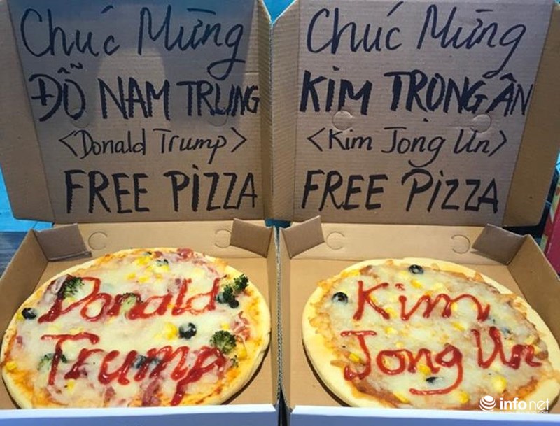 Một chuỗi cửa hàng pizza ở Hà Nội đã tặng miễn phí bánh pizza cho các khách hàng có kiểu tóc hay tên đọc gần giống Kim Jong-un và Donald Trump như Kim Trọng Ân, Đỗ Nam Trung và tên Kim, Trung.    