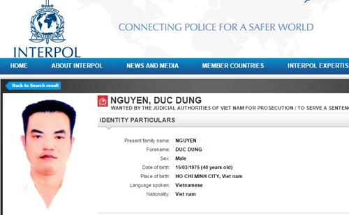 Thông báo truy nã Dũng của Interpol. 