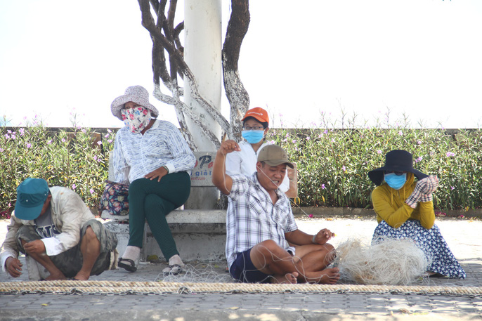 Các ngư dân ở quận Thanh Khê phải đan lưới dưới cánh rừng thông che mát được trồng tại tuyến đường Nguyễn Tất Thành