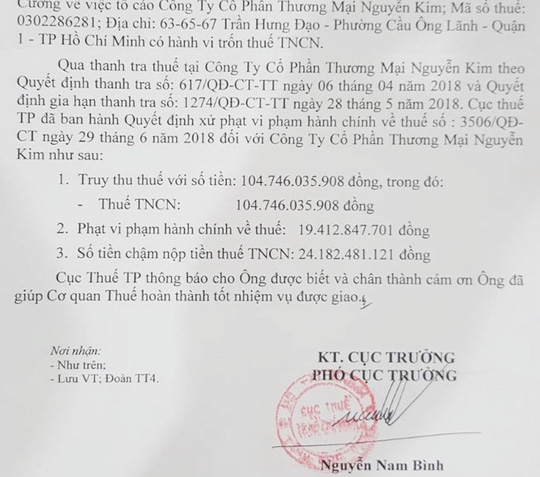Quyết định xử phạt siêu thị điện máy Nguyễn Kim do Phó Cục trưởng Cục Thuế TP HCM Nguyễn Nam Bình ký