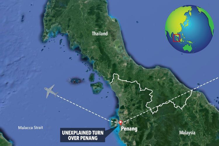 MH370 đã bất ngờ đổi hướng khi đi qua Penang (Malaysia). Ảnh: The Sun.    