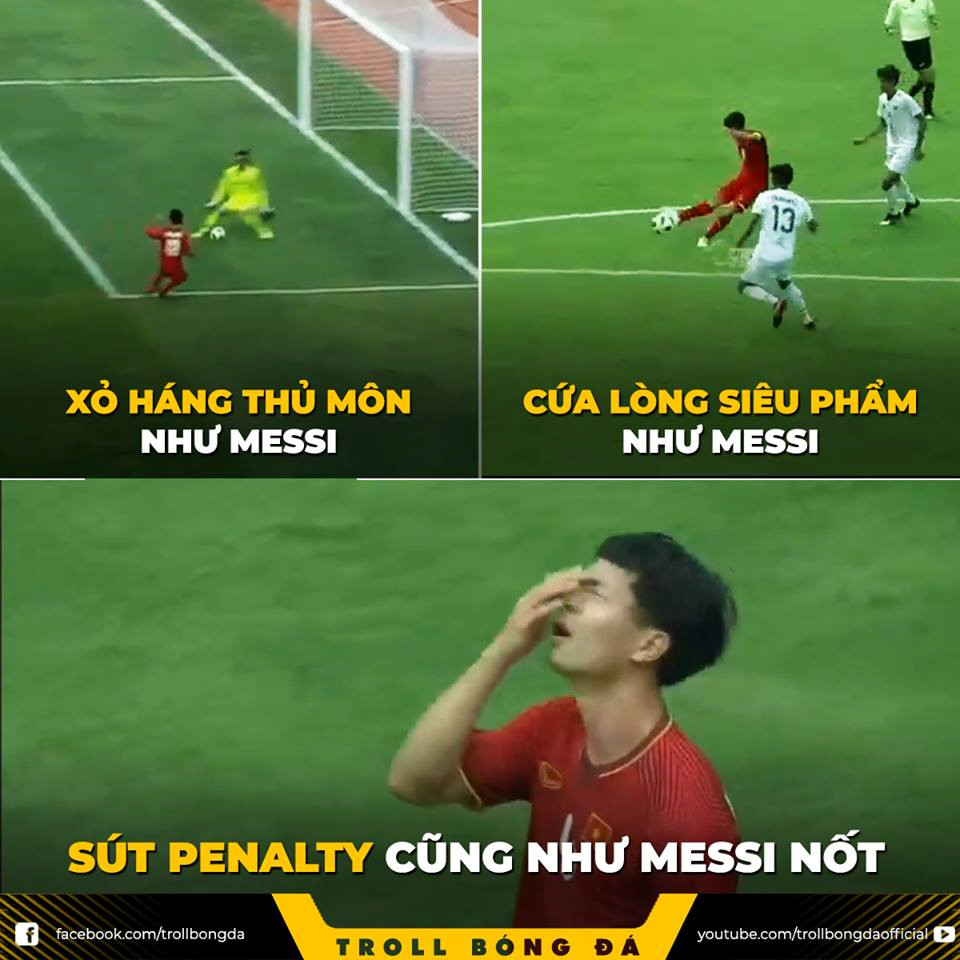 Liên tục trượt penalty vào các phút thứ 44 và 69, Công Phượng khiến nhiều người liên tưởng đến hình ảnh của tiền đạo Messi trong kỳ World Cup vừa qua.