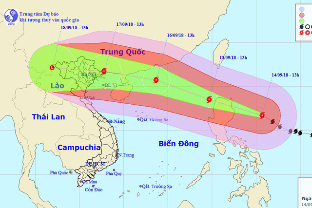 Vị trí và hướng di chuyển của siêu bão Mangkhut. (Ảnh: NCHMF).