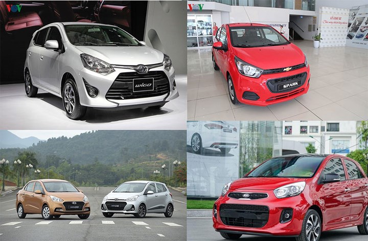 4 mẫu xe cỡ nhỏ giá rẻ tại thị trường Việt Nam: Hyundai i10, Kia Morning, Toyota Wigo, Chevrolet Spark.