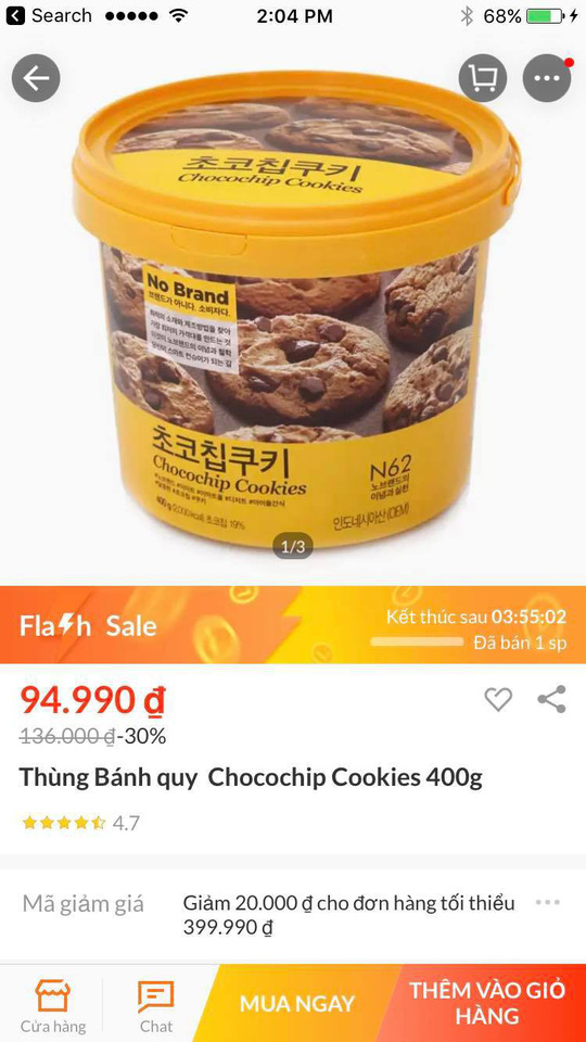 Hộp bánh Chocochip Cookies bán trên lazada, dù khuyến mãi 