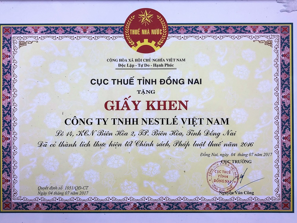 Lần thứ 5 liên tiếp, Nestlé Việt Nam nhận bằng khen của Cục Thuế Đồng Nai