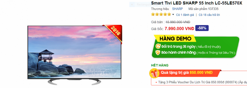 Smart Tivi Led Sharp 55 inch được giảm giá lên đến 50% cũng quà tặng trị giá 850 nghìn đồng