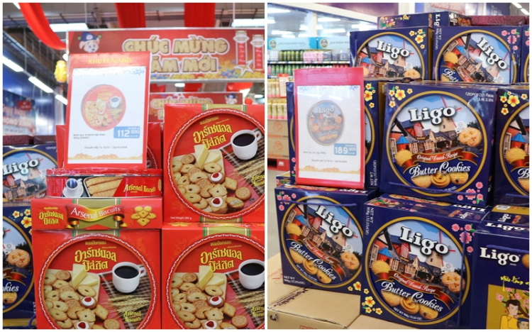 Về mặt hàng bánh kẹo Tết, bánh kẹo thương hiệu Thái Lan với giả cả ưu đãi được bày bán bên cạnh những nhãn hàng khác.