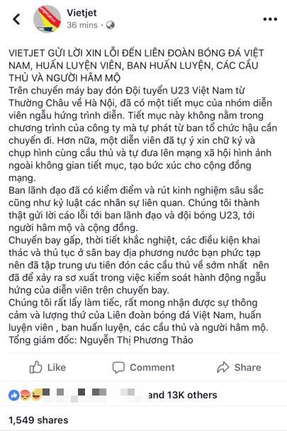 Lá thư xin lỗi gây tranh cãi của VietJet trên trang Facebook của hãng.
