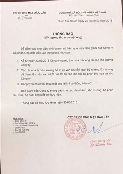 Văn bản thông báo của Công ty CP Ong mật Đắk Lắk.    