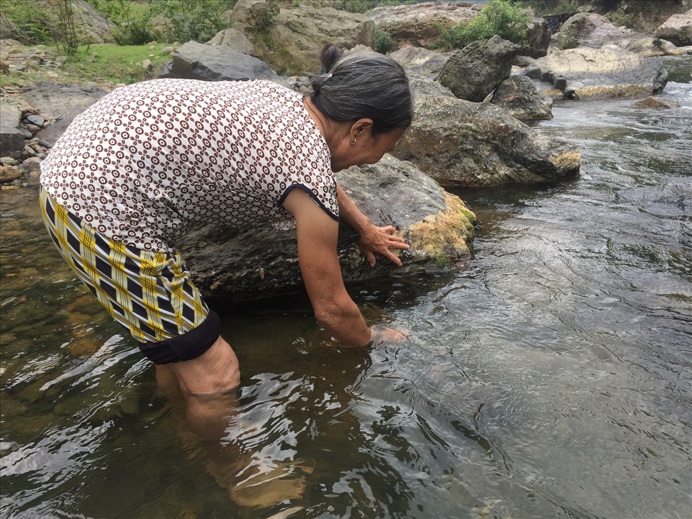 Bà Hoàng Thị Lan đang lấy rêu đá dưới dòng suối.