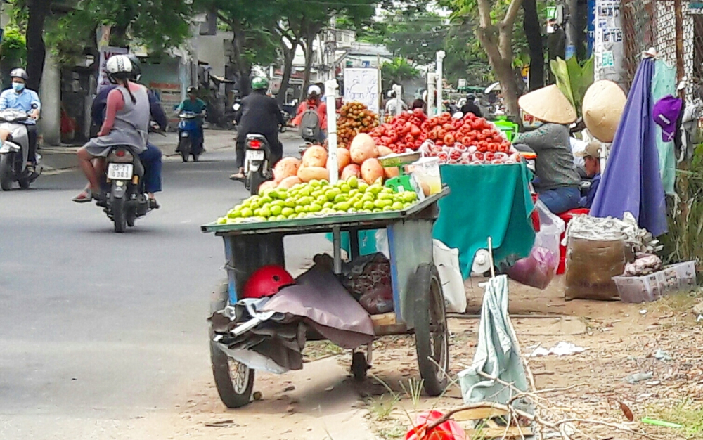 Các con đường trong khu công nghiệp Sóng Thần (Dĩ An – Bình Dương) được bày bán nhiều loại hoa quả trên xe lôi.