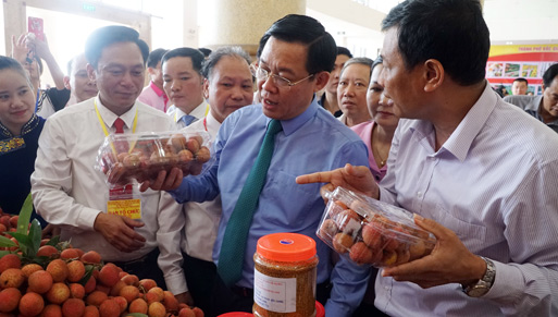 Phó Thủ tướng Vương Đình Huệ thăm gian hàng trưng bày sản phẩm vải thiều đặc sản của tỉnh Bắc Giang tại Diễn đàn ngày 8.6. Ảnh: Quang Chương