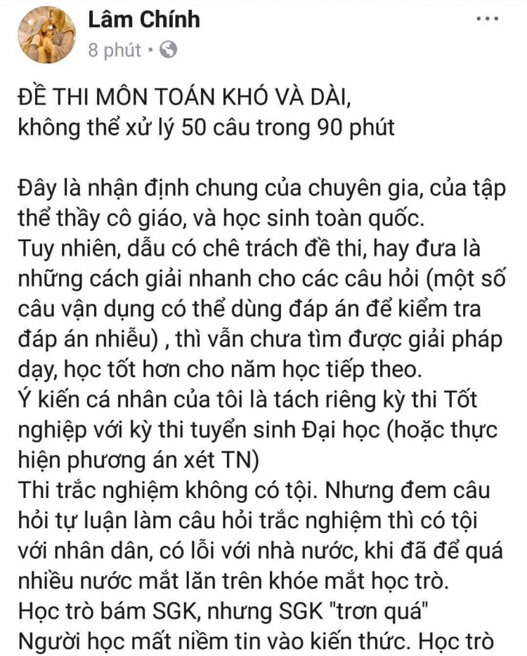 Giáo viên dạy toán tại Trường THPT Nguyễn Du (Q.10, TP.HCM) “kêu trời” thay học sinh ngay sau buổi thi môn toán kết thúc