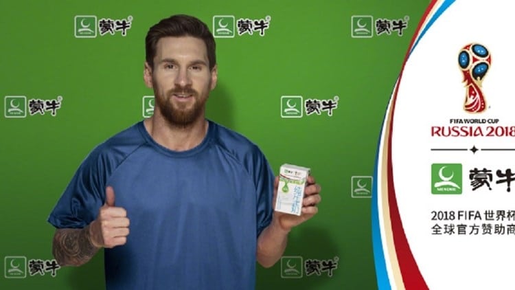 Nhân dịp World Cup 2018, Mông Ngưu đã mời Lionel Messi, cầu thủ 5 lần đoạt Quả bóng vàng, quảng cáo cho gam sản phẩm của hãng này