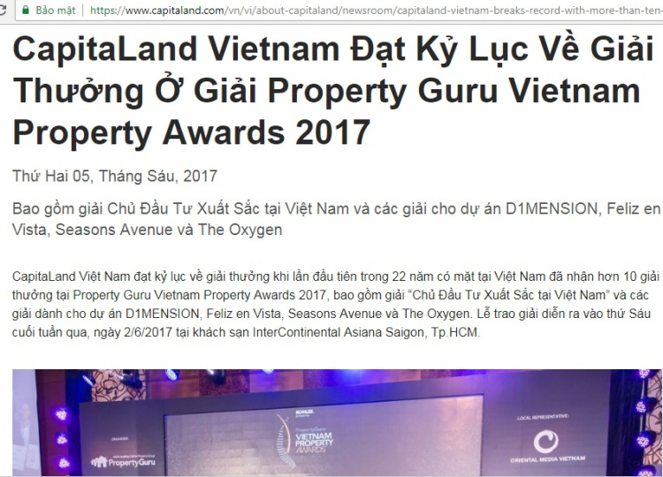 CapitaLand thông báo thắng lớn tại Vietnam Property Awards 2018. Ảnh từ màn hình