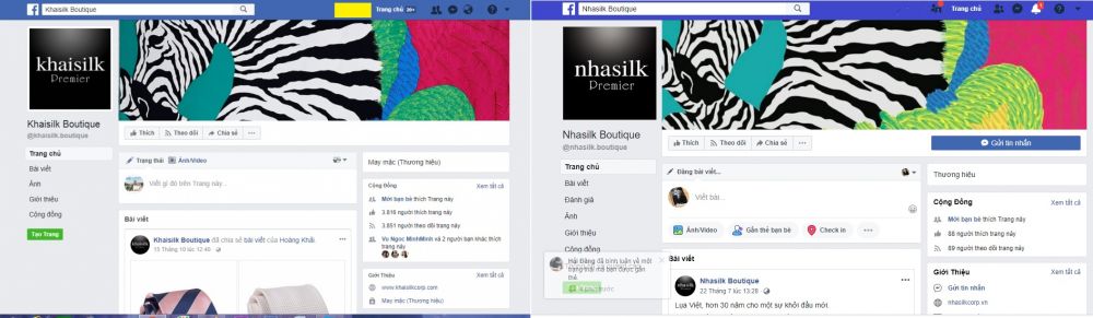 Trang fanpage của 2 thương hiệu Khaisilk và Nhasilk.