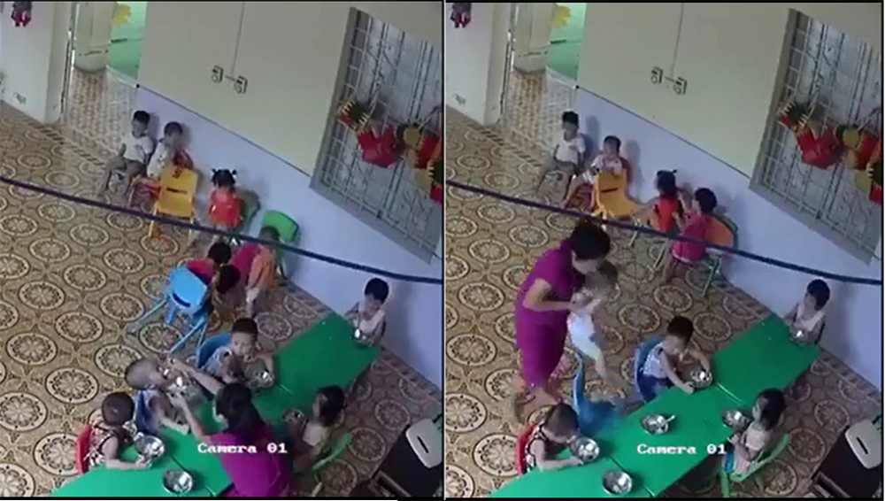 Giáo viên mầm non nhồi nhét thức ăn, đánh không thương tiếc bé trai 2 tuổi ở Hà Nội. (Ảnh: cắt từ clip