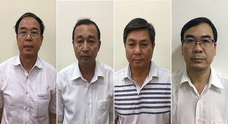 Từ trái qua là các bị can Nguyễn Thành Tài, Nguyễn Hoài Nam, Đào Anh Kiệt và Trương Văn Út.    