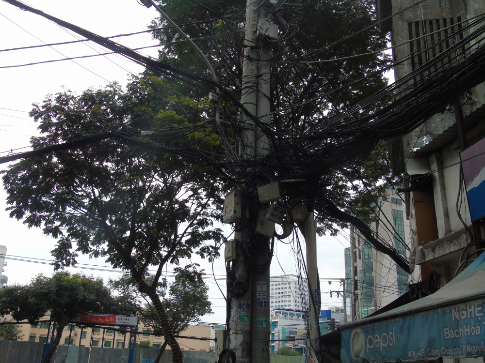 Mùa mưa đang đến, các dây điện được mắc gần những cây xanh tiềm ẩn rất nhiều nguy hiểm. (Ảnh: Huy Hoàng)