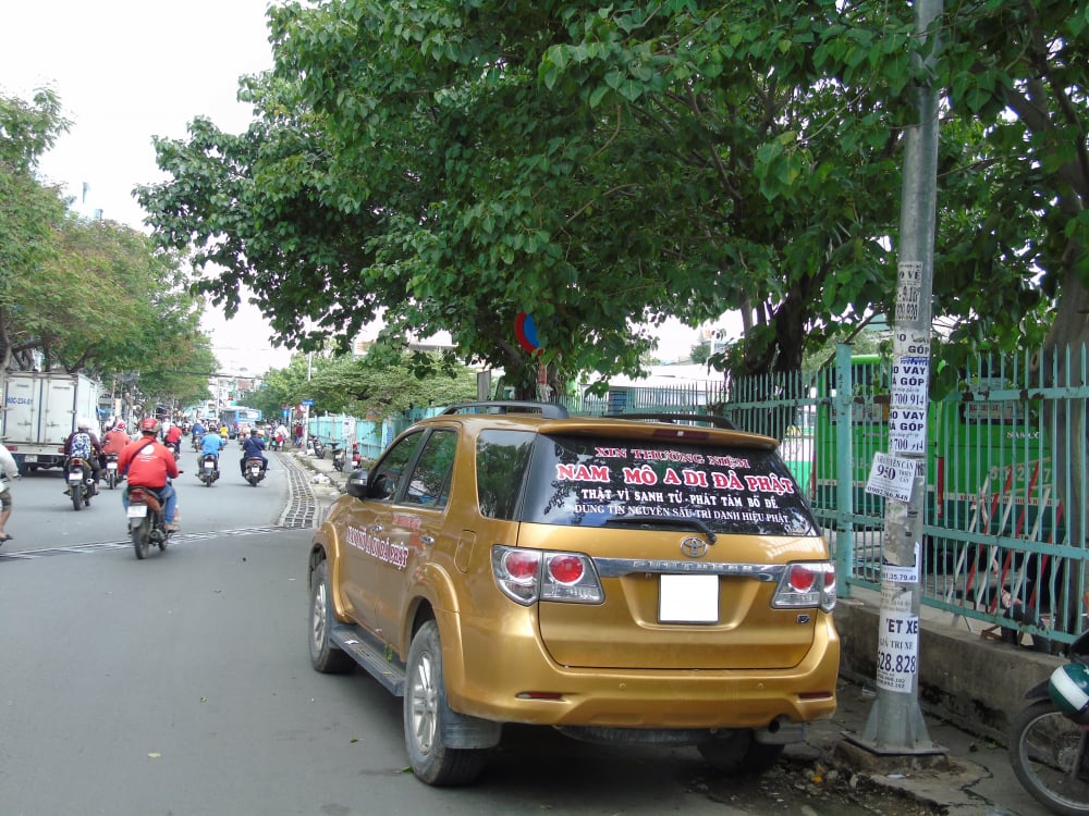 Biển cấm đậu xe trên đường Lê Quang Sung gần bến xe Chợ Lớn bị cây xanh che phủ, nên vẫn có tình trạng xe đậu sai quy định diễn ra thường xuyên tại khu vực này. 