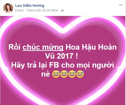 Hoa hậu Diễm Hương cũng chúc mừng tân Hoa hậu Hoàn vũ Việt Nam 2017.