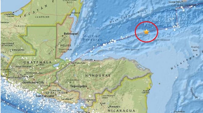 Vị trí động đất ở ngoài khơi bờ biển Trung Mỹ