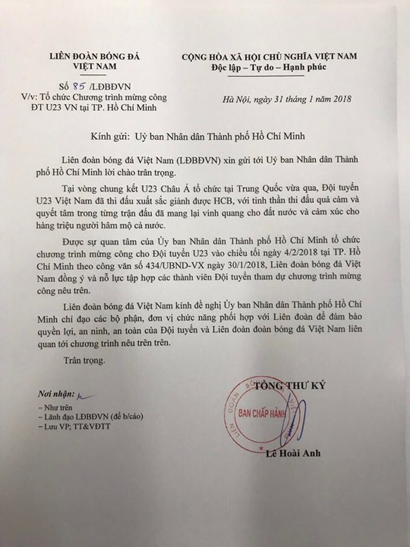 Công văn của LĐBĐ Việt Nam gửi UBND TP.HCM