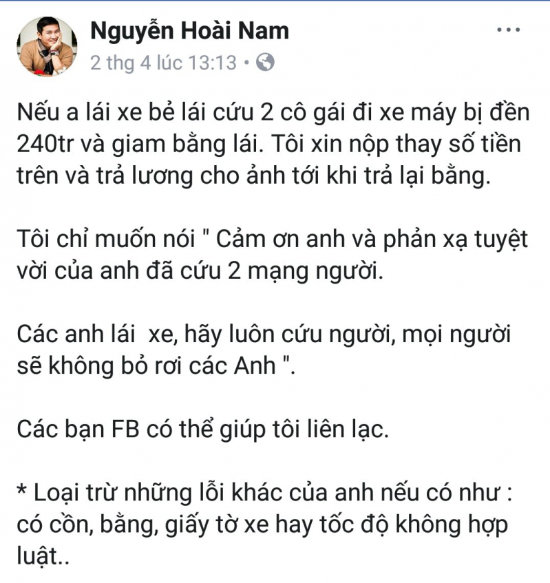 Tài khoản Facebook của ông Nguyễn Hoài Nam đăng việc giúp đỡ anh Tiến trả số tiền đền bù (Ảnh chụp màn hình)