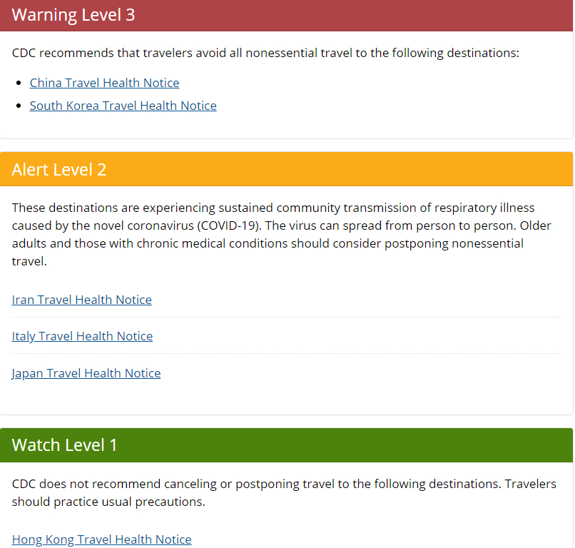 CDC website on February 27 update 3 levels of travel notices for countries in dangerous epidemics. Previously, on February 17, Vietnam was put in level 1 (with Thailand, Singapore and Taiwan).