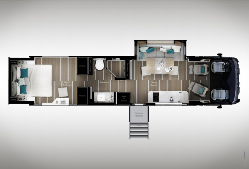 Thiết kế bên trong một chiếc motorhome với đầy đủ tiện nghi 3 không gian: phòng khách, phòng bếp và phòng ngủ