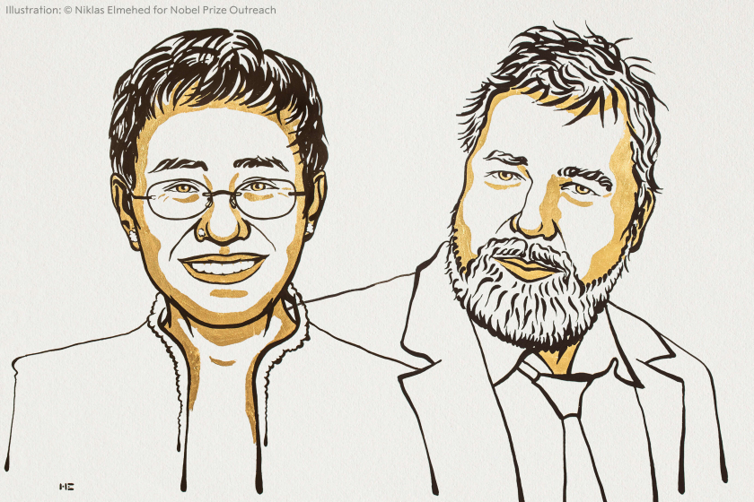 Tranh minh họa 2 nhà báo chiến thắng giải Nobel Hòa bình 2021