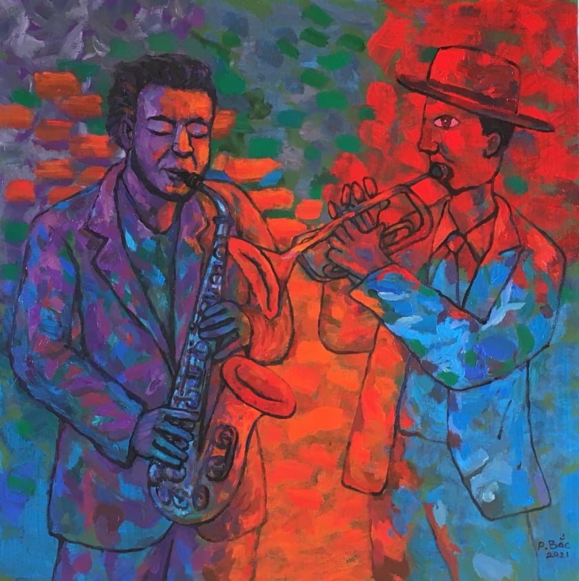 Hai nghệ sĩ nhạc Jazz. Acrylic. 110x110cm.