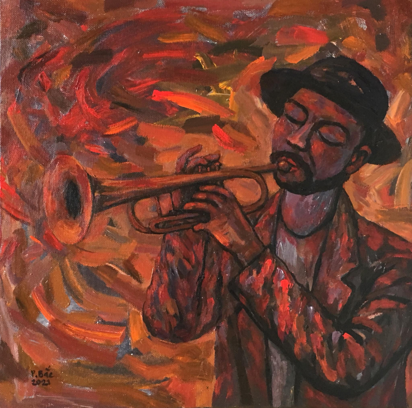 Nghệ sĩ chơi kèn trumpet. Acrylic. 90x150cm