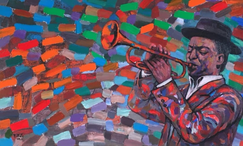 Nghệ sĩ chơi kèn trumpet. Acrylic. 90x150cm.