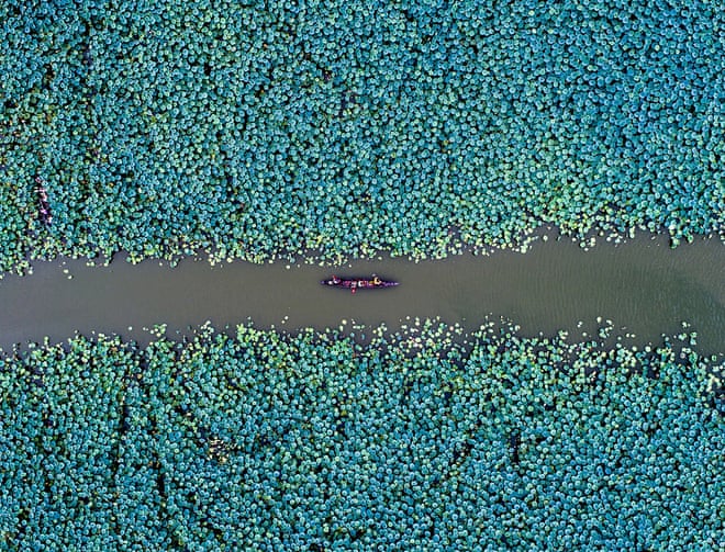 Một chiếc thuyền độc mộc thả trôi trên sông ở Quảng Đông, Trung Quốc. Ảnh: Shihui Liu
