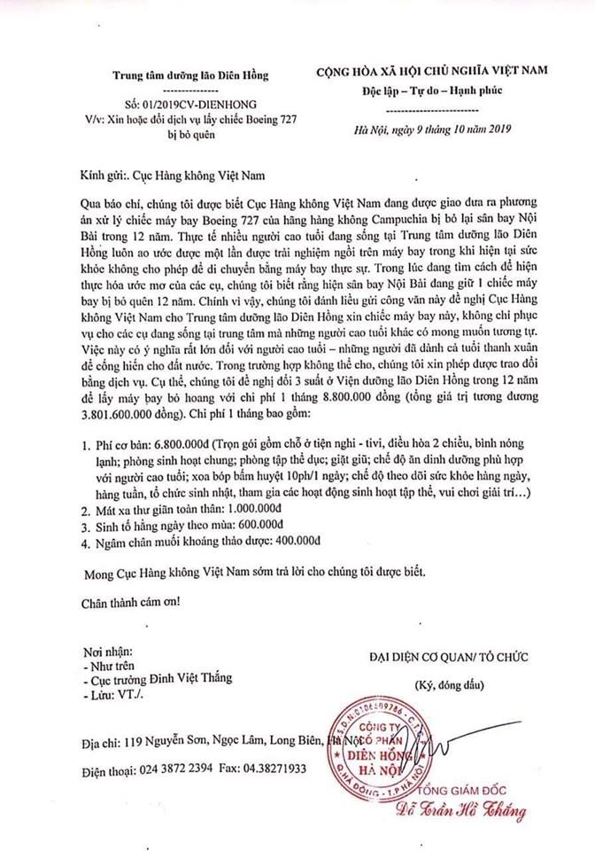 Văn bản Viện Dưỡng lão gửi Cục Hàng không Việt Nam (Nguồn: Phạm Gia Hiền)