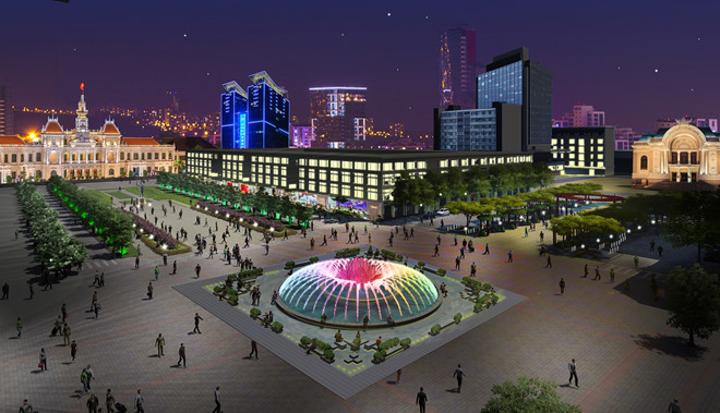 Phối cảnh giai đoạn 1 gồm công viên trước Nhà hát Thành phố và đài phun nước nghệ thuật giao lộ phố đi bộ Nguyễn Huệ - Lê Lợi
