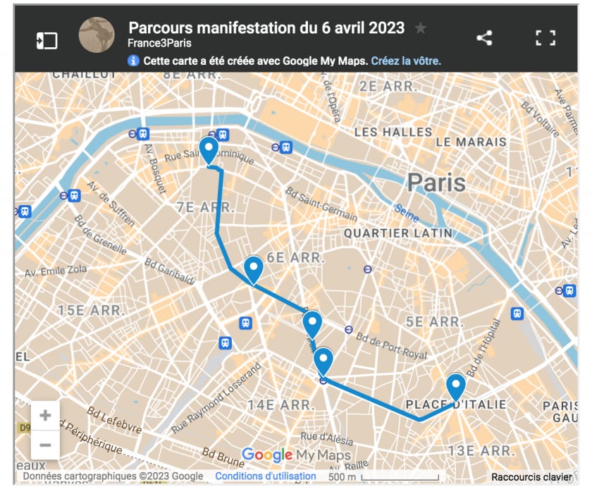 Ví dụ về một cung đường biểu tình ngày 6 tháng 4 năm 2023 theo báo France3.