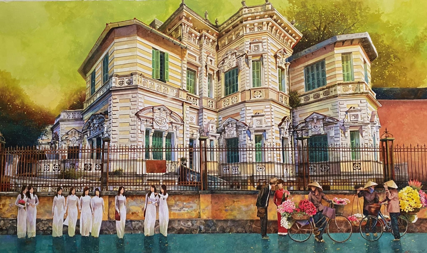 Dưới góc nhìn của một người Sài Gòn nặng lòng với Thủ đô, nam họa sĩ Hoàng Phong sáng tác một chuỗi các tác phẩm màu nước ấn tượng về Hà Nội mang tên “Chút tình gửi phố”
