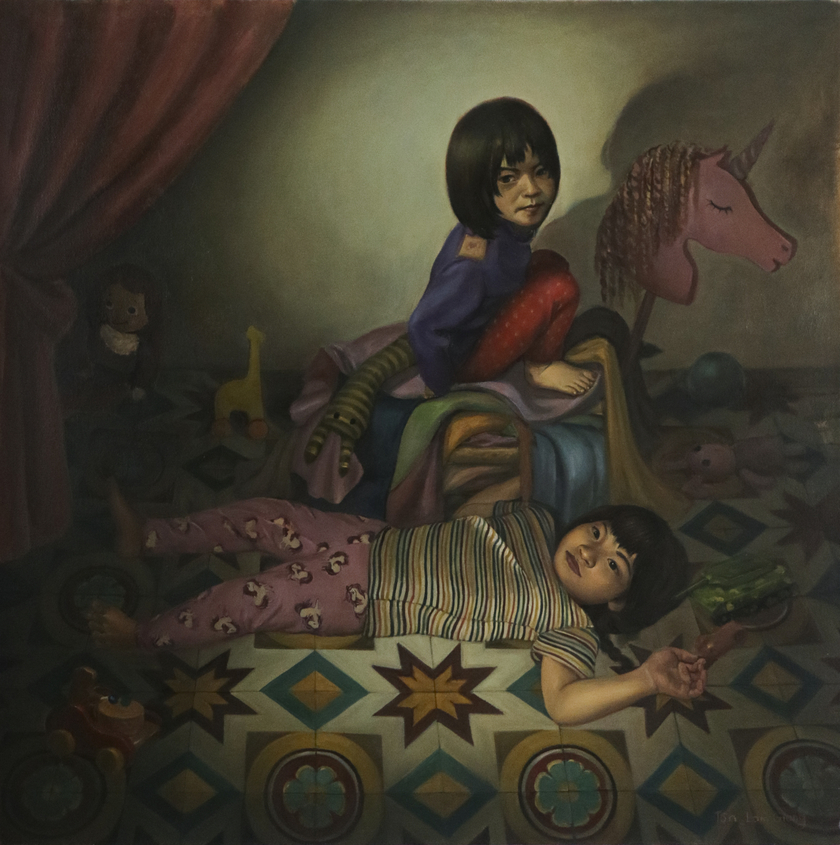 Thực hành hội họa của Lam Giang có sự xen lẫn giữa hiện thực & siêu thực.