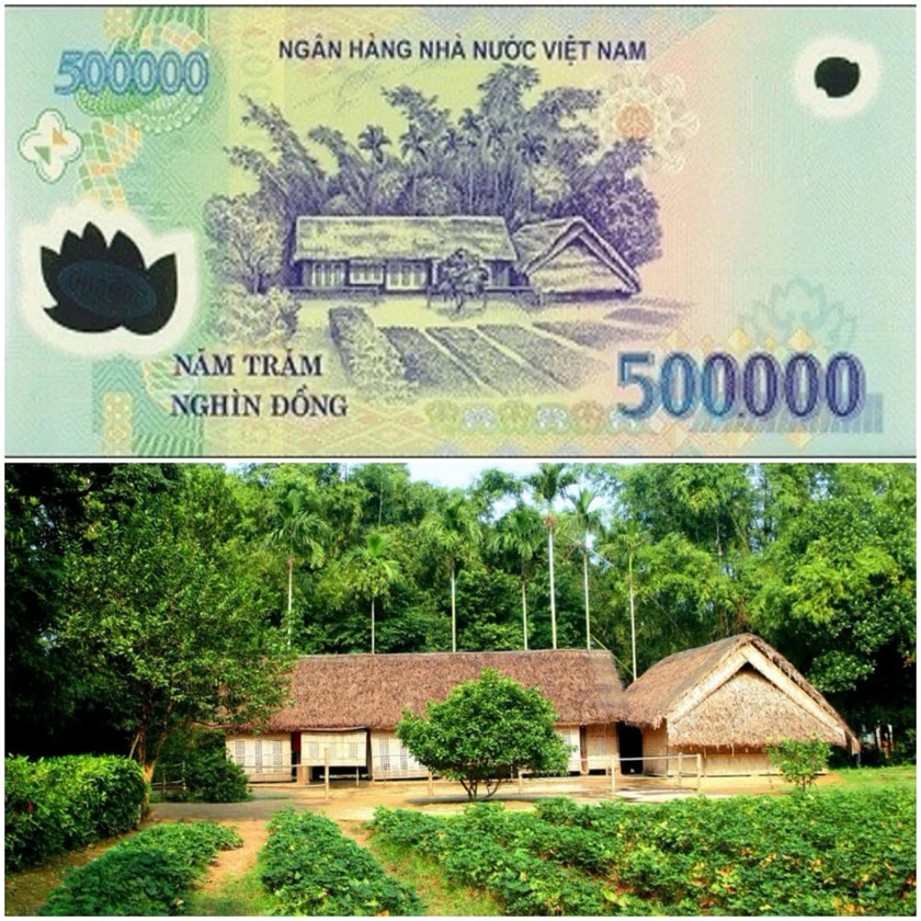 Tờ tiền 500.000 đồng là hình ảnh vô cùng xúc động về ngôi nhà tranh 5 gian tại làng Sen, Nam Đàn, Nghệ An - nơi Chủ tịch Hồ Chí Minh sinh ra và lớn lên.